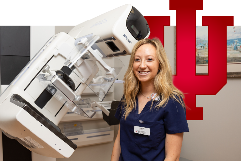 A white female student stands next to a laboratory device. An IU trident is superimposed to her left.
